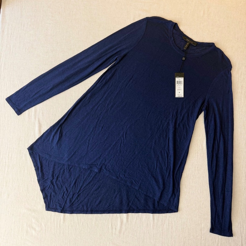 BCBGMAXAZRIA Shae High-Low Tunic Top Navy Blue Silk Blend Long Sleeve M - Picture 3 of 8